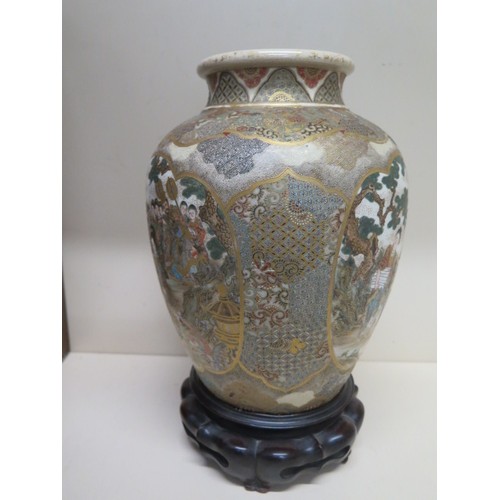 480 - A good 19th century Satsuma vase on a carved wooden base with original mahogany transport box, vase ... 