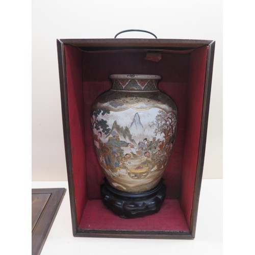 480 - A good 19th century Satsuma vase on a carved wooden base with original mahogany transport box, vase ... 