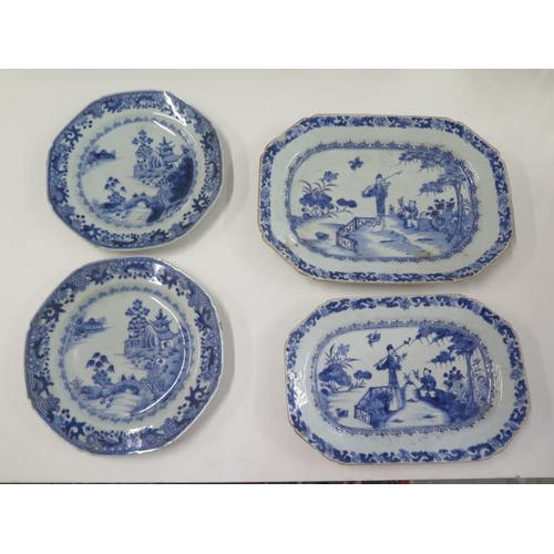  A pair of 19th century Chinese blue and white plates - Width 23cm - and two graduating serving plate... 