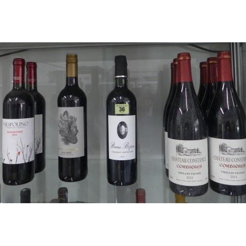 36 - Twelve bottles of red wine - Chateau Constance Corbierers 2011 x 6, Beau Bijon Cabernet 2014 x 3, Ne... 