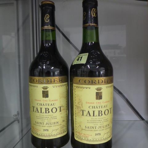 41 - Two bottles of Chateau Talbot Cordier Grand Cru Classe Saint-Julien red wine 1978 - levels slightly ... 
