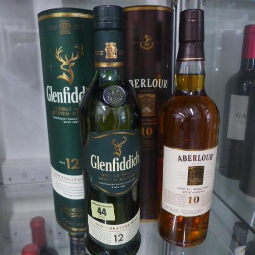44 - A 70cl bottle of Glenfiddich single malt whisky and a 70cl bottle of Aberlour Highland Single Malt W... 