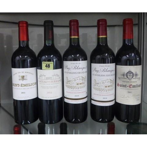 48 - Six bottles of Saint Emilion red wine Chateau de Ferrand 2012 x 2, Puy-Blanquet x 2, Christian Mouei... 