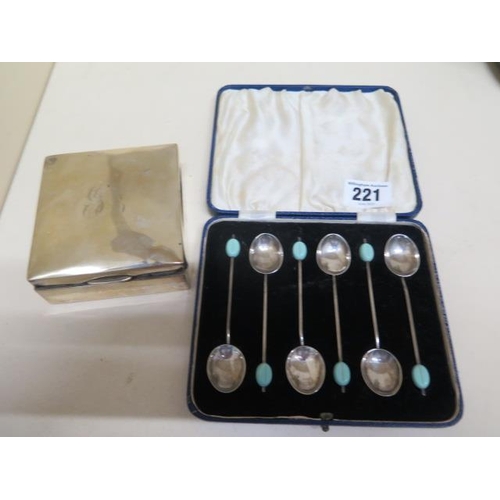 221 - A set of 6 boxed silver coffee bean spoons and a silver desk box 8cm wide (box in worn condition)