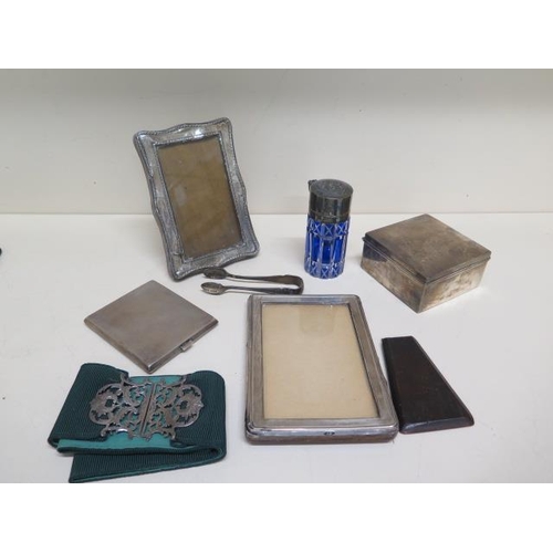 225 - A silver desk box - Width 9cm - two easel back frames - one split - a silver card/cigarette case app... 