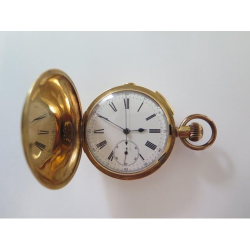 255 - An 18ct yellow gold repeating hunter pocket watch with stopwatch function, 50mm case, gold dust cove... 