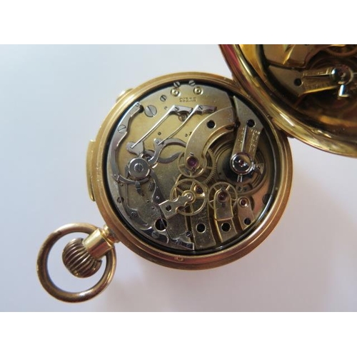 255 - An 18ct yellow gold repeating hunter pocket watch with stopwatch function, 50mm case, gold dust cove... 