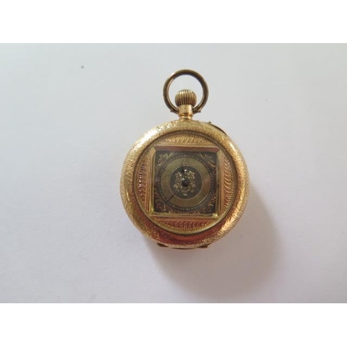 258 - A 14ct yellow gold pocket watch, 32mm wide case, approx 30 grams, wear to enamel and dial but runnin... 