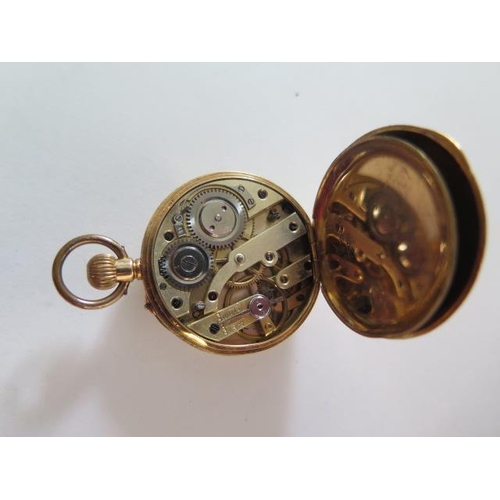 258 - A 14ct yellow gold pocket watch, 32mm wide case, approx 30 grams, wear to enamel and dial but runnin... 