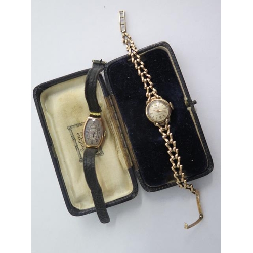 275 - A 9ct yellow gold bracelet watch (not running) approx 12.8 grams and a 9ct watch on a leather strap ... 