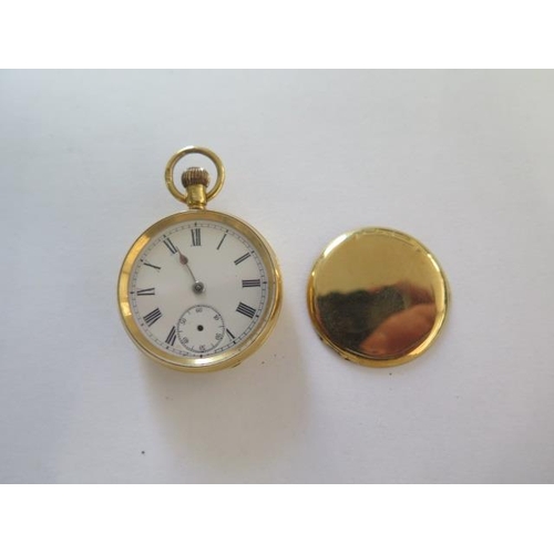 277 - An 18ct yellow gold pocket watch - 33mm case - with gold dust cover - not running, case damaged - we... 