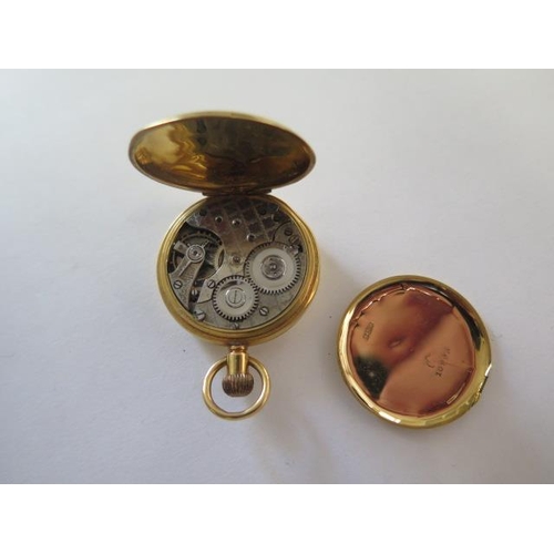 277 - An 18ct yellow gold pocket watch - 33mm case - with gold dust cover - not running, case damaged - we... 