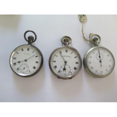 282 - A Samuel silver pocket watch - running - an Acme silver pocket watch - not running - and a stop watc... 