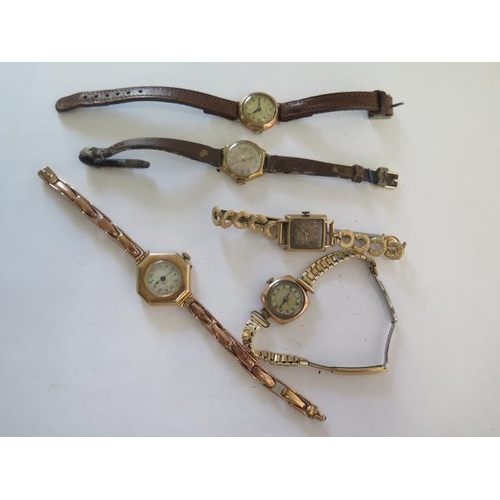 283 - A 9ct yellow gold manual wind bracelet wristwatch on a sprung strap approx 22 grams - two other 9ct ... 