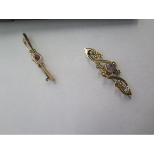 65 - Two 9ct yellow gold brooches with metal pins and a 9ct yellow gold pearl pin, total approx 5.8 grams