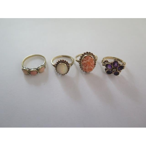 74 - Two 9ct yellow gold coral rings, sizes L and P, and two other 9ct rings, size K, total approx 9.9 gr... 