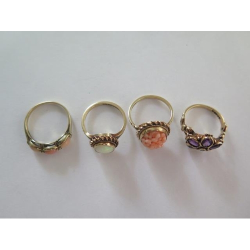 74 - Two 9ct yellow gold coral rings, sizes L and P, and two other 9ct rings, size K, total approx 9.9 gr... 