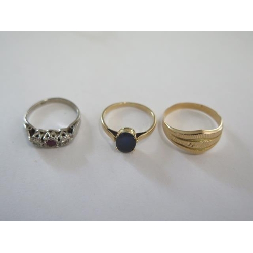 77 - A Continental 18ct yellow gold ring, size Q, and two other 18ct gold rings, size L, total approx 7.2... 