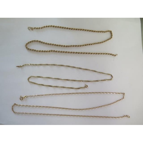 85 - Three 9ct yellow gold chains, 62cm, 52cm and 46cm, all catches good, total approx 14 grams