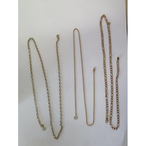 86 - Three 9ct yellow gold necklaces 57cm, 52cm and 45cm long, all catches good, total approx 20 grams