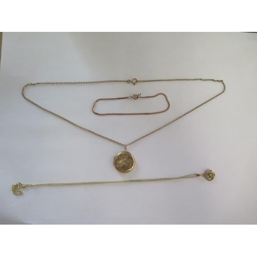 89 - Two 9ct yellow gold chains with pendant and locket and a 9ct chain, total approx 9.4 grams