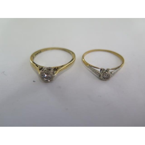 99 - Two 18ct yellow gold diamond rings sizes Q and N - both with wear but diamonds bright - total weight... 