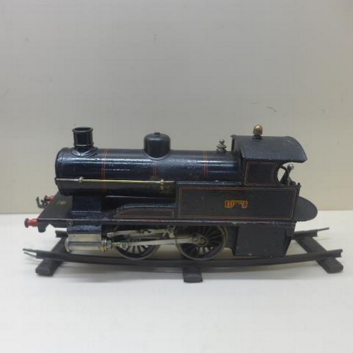 A Bing Live steam gauge 0-4-0 tank locomotive 12" long with 16 curved Gamage rails, paint bubbling to loco, not tested paintwork appears original