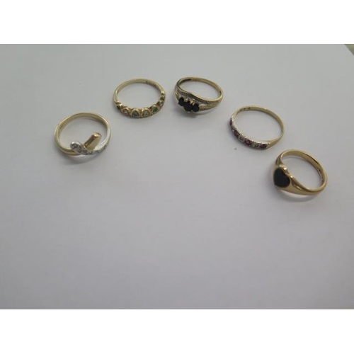 74 - Five 9ct yellow gold dress rings sizes L to R - approx weight 11 grams - all generally good