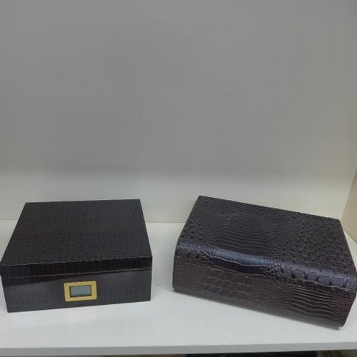 72 - Two crocodile skin effect cigar humidors - Largest 11cm x 31cm x 24cm