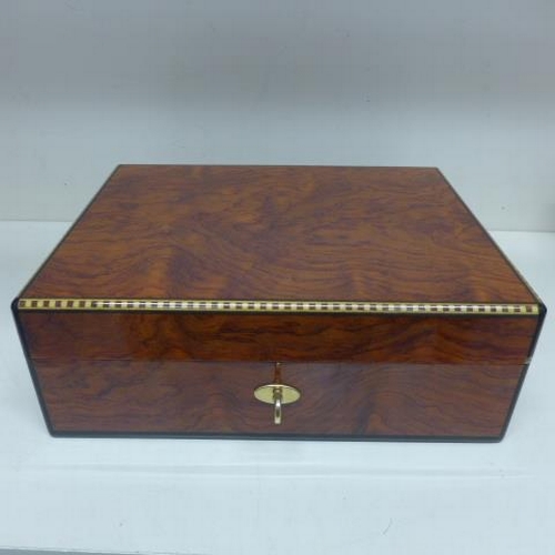 A Dunhill burr wood cigar humidor - some staining to interior but overall good condition, with key - Height 10cm x 28cm x 23cm