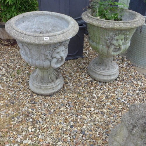 120 - A pair of stone effect urns on stands - Height 67cm x Diameter 54cm