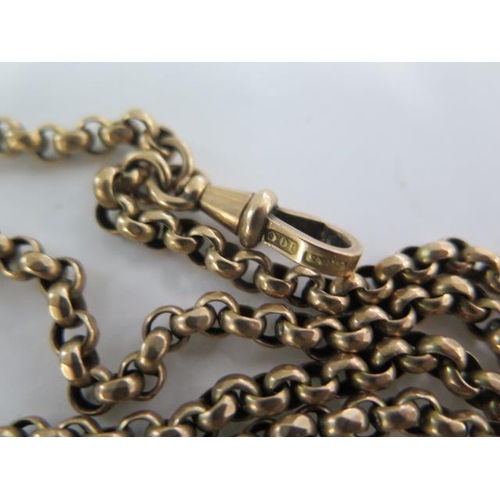 2 - A 10ct yellow gold long belcher watch chain with a watch key and a masonic rotating fob - chain leng... 