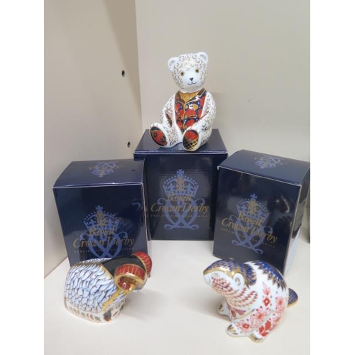 375 - Three Royal Crown Derby paperweights Beaver, Ram and Teddy Bear - all good and boxed