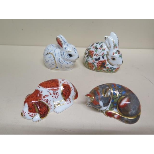 376 - Four Royal Crown Derby paperweights - Meadow Rabbit, Bunny, Catnip Kitten and Puppy - all good, no b... 