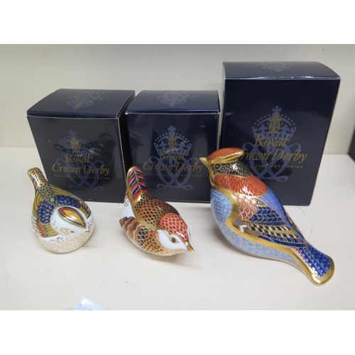 377 - Three Royal Crown Derby bird paperweights Firecrest, Wren and Wax wing - all good and boxed