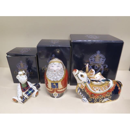 378 - Three Royal Crown Derby Christmas paperweights, mini teddy bear, Father Christmas and Reindeer - all... 