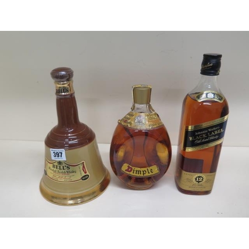 397 - A 26 2/3 fl oz bottle of Dimple Whisky, a 75cl bottle of Bells blended Whisky and a 75cl bottle of J... 