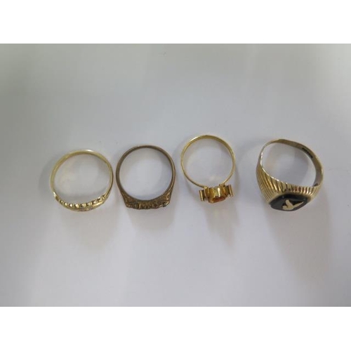 41 - Two 9ct yellow gold rings sizes P and T - approx weight 5.8 grams - and two plated metal rings