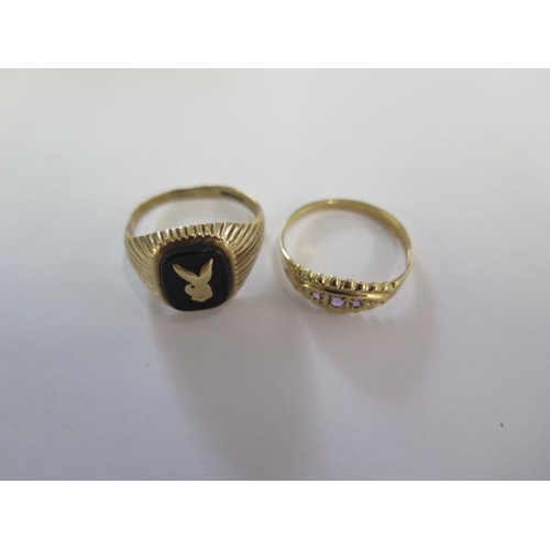 41 - Two 9ct yellow gold rings sizes P and T - approx weight 5.8 grams - and two plated metal rings