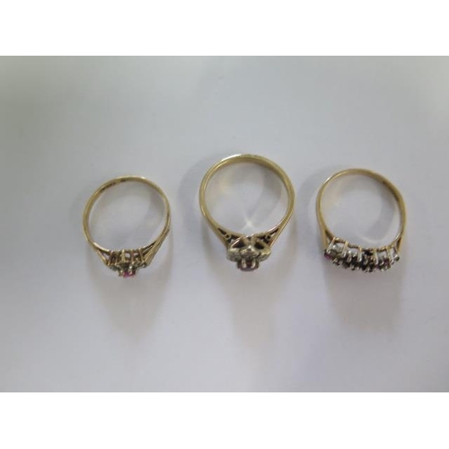 46 - Three 9ct yellow gold rings sizes L and N - stone missing to one, others reasonably good - total wei... 