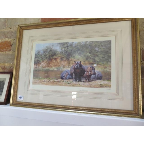 484 - A signed David Shepherd print 812/850 of Hippo's - Width 64cm x 47cm - good condition