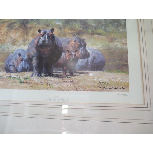 484 - A signed David Shepherd print 812/850 of Hippo's - Width 64cm x 47cm - good condition