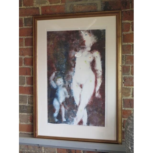 488 - Inge Clayton Nude and Cupid on paper in a gilt frame - 102cm x 71cm - good condition