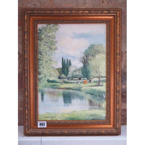 493 - An oil on canvas of Grantchester by the river (Cambridge) by Sarah Shore in a gilt frame - frame siz... 