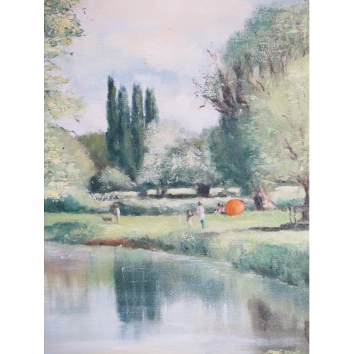 493 - An oil on canvas of Grantchester by the river (Cambridge) by Sarah Shore in a gilt frame - frame siz... 