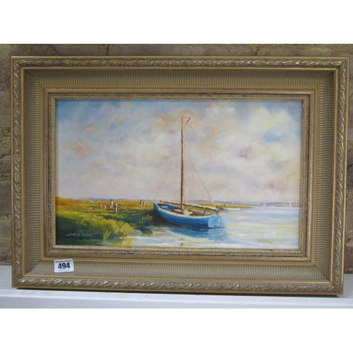 494 - An oil on board Norfolk scene by Sarah Shore in a gilt frame - frame size 37cm x 52cm - in good cond... 