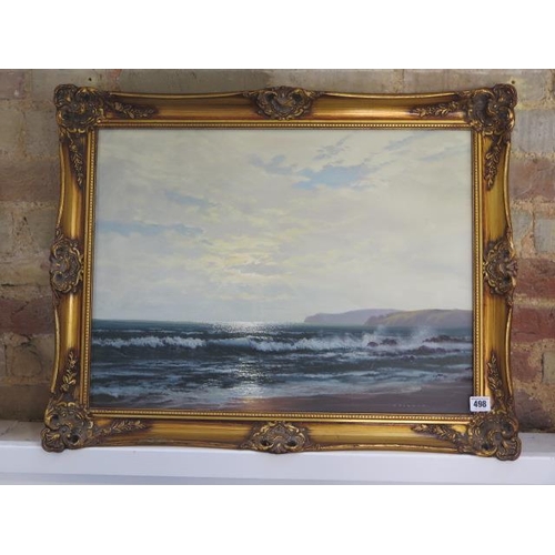 498 - Gerald Coulson (b1926) - Oil on canvas sea shore scene, in an ornate gilt frame - frame size 57cm x ... 