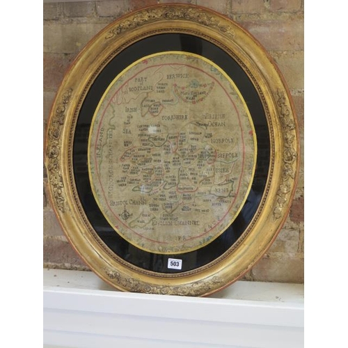 503 - A 19th century needlework map of England and Wales sampler - in a gilt frame - frame size 67cm x 57c... 