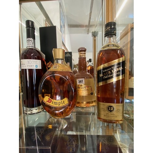 397 - A 26 2/3 fl oz bottle of Dimple Whisky, a 75cl bottle of Bells blended Whisky and a 75cl bottle of J... 