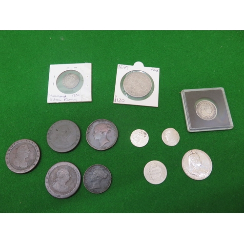 206 - Assorted coinage to include silver 1902 medallion, 1858 shilling, 1819 sixpence, 1678 Maundy 2 pence... 